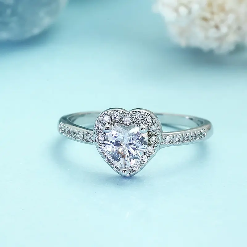 Heart Shape Moissanite Engagement Ring for Women, Heart Cut Solitaire Promise Ring with Halo Pave Band, Shiny Silvery Tone Wedding Proposal Ring, Elegant Bridal Jewelry, Romantic Anniversary Birthday Gift for Her