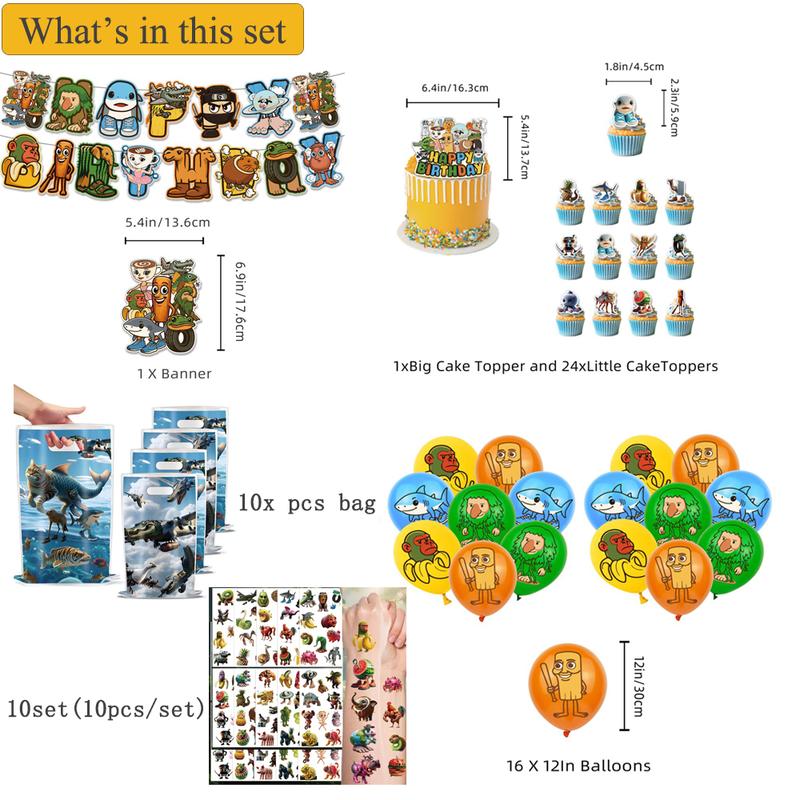 152pcs Eid al-Fitr "Shark in the Shoe" "Bombardiro Crocodilo" Themed Sahur & Birthday Party Decoration Set Includes Banner, Balloons, Cake Topper, Temporary Tattoos, Candy Bags (Party Theme)