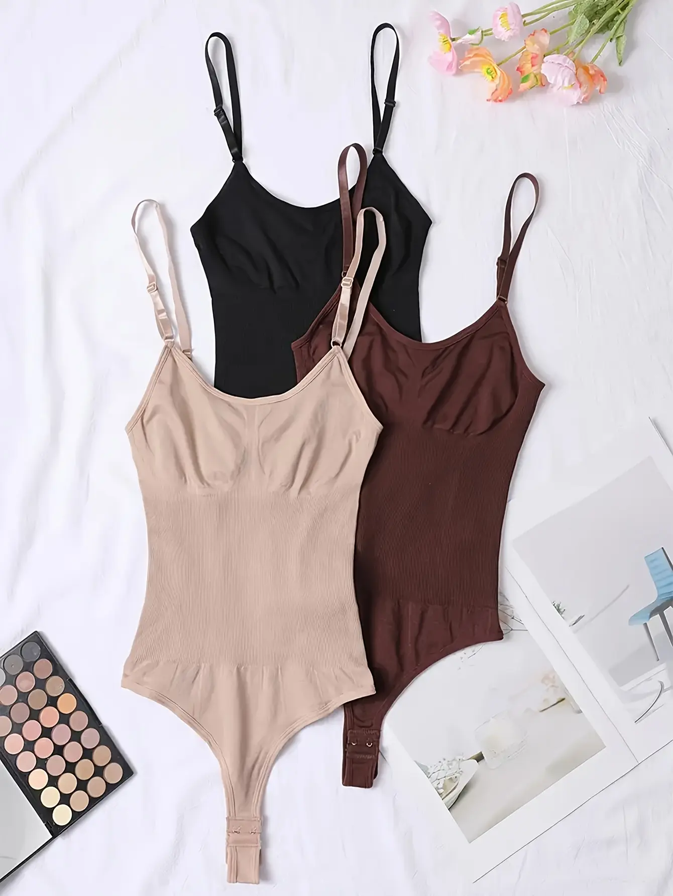 3pcs Set Seamless Shaping Bodysuit Adjustable Straps Tummy Control Butt Lifting Front Fly Snaps for Women Daily Wear