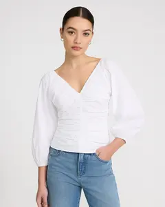 Express Stretch Cotton V-Neck Ruched Puff Sleeve Top