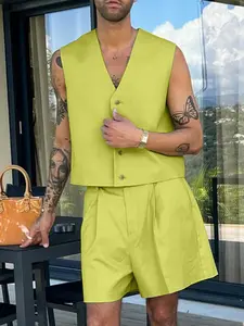 Two-piece Sets Men's Fashion Solid Buttons V Neck Tops & Shorts 2PCS Sets, Casual Sleeveless Crop Vest & Pocket Shorts, Streetwear Men‘s Clothing for Summer, Party Suits, Menswear