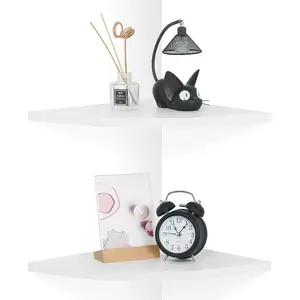 Corner Wall Shelves Set of 2, Rustic Wood Corner Floating Shelves with Cable Raceway, Wall Mount Storage Display for TV Accessories, Baby Monitor, Speaker, Cable Box (White, Diamond 10 Inch)