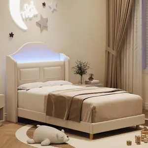 Gaomon Twin Velvet Wingback Upholstered Bed - Soft Velvety Fabric, Beige LED Bedframe, Throne Headboard with Secret Storage, 10-Min Setup, Silent Wood Slats, No Box Spring Required
