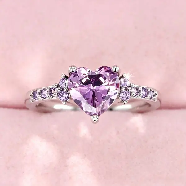 Women Heart Shape Purple Cubic Zirconia Engagement Ring Sparkling Small Side Crystals Elegant Promise Wedding Band Cute Aesthetic Fashion Jewelry For Daily Party Dating Gift