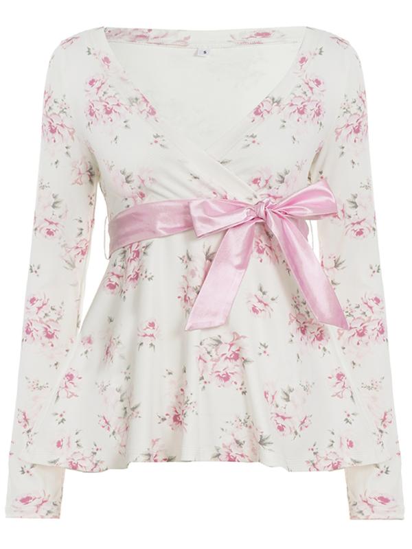 French Elegance Bow Blouse, Loose A-Line V-Neck Crossed Babydoll Top, Cute Floral Shirt for Spring & Fall, Casual Versatile