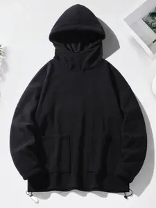 Men's Solid Drop Shoulder Pocket Fuzzy Sweatshirt, Regular Fit Casual Long Sleeve Hooded Pullover for Fall & Winter, Men's Clothes for Daily Wear