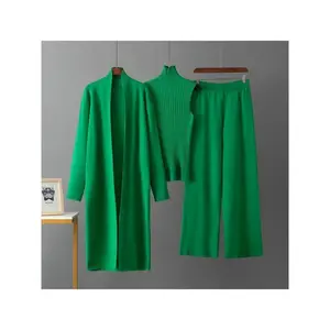 2025 newest suit high elasticity Women's loose suit, long wide-legged pants + shawl cardigan + turtleneck sweater fashion three-piece set Can be worn up to 70kg Suitable for female Can be used with raincoat