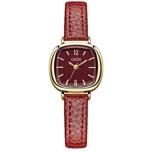 GEDI Vintage Oval Leather Watch for Women - Small Dainty Quartz Wristwatch, Minimalist Ancora Red Aesthetic Watch