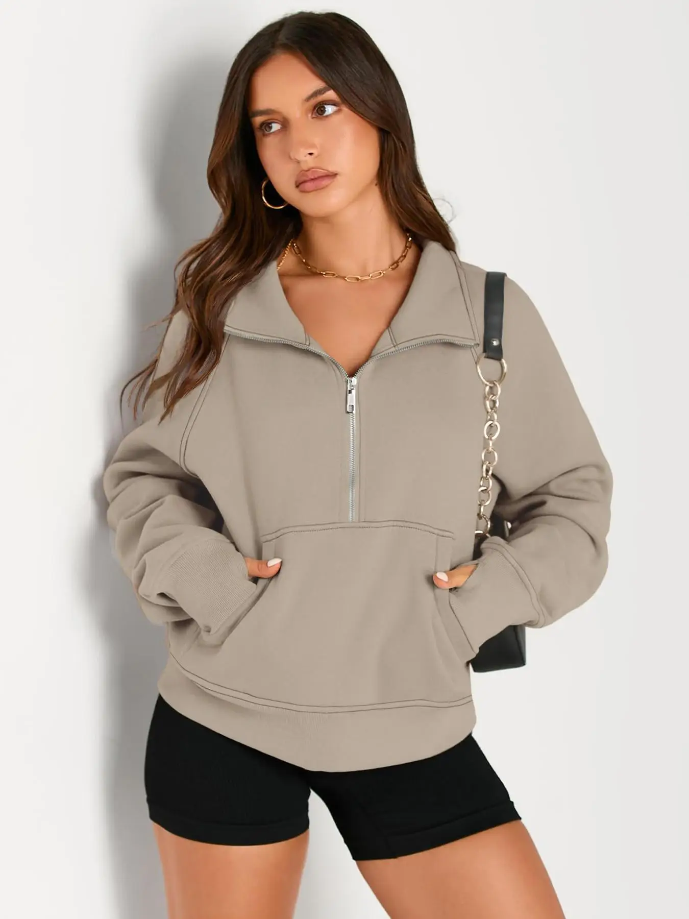Women's Solid Zip Up Thermal Lined Sporty Sweatshirt, Sporty Long Sleeve Kangaroo Pocket Pullover for Fall & Winter, Women's Sportswear for Indoor Out