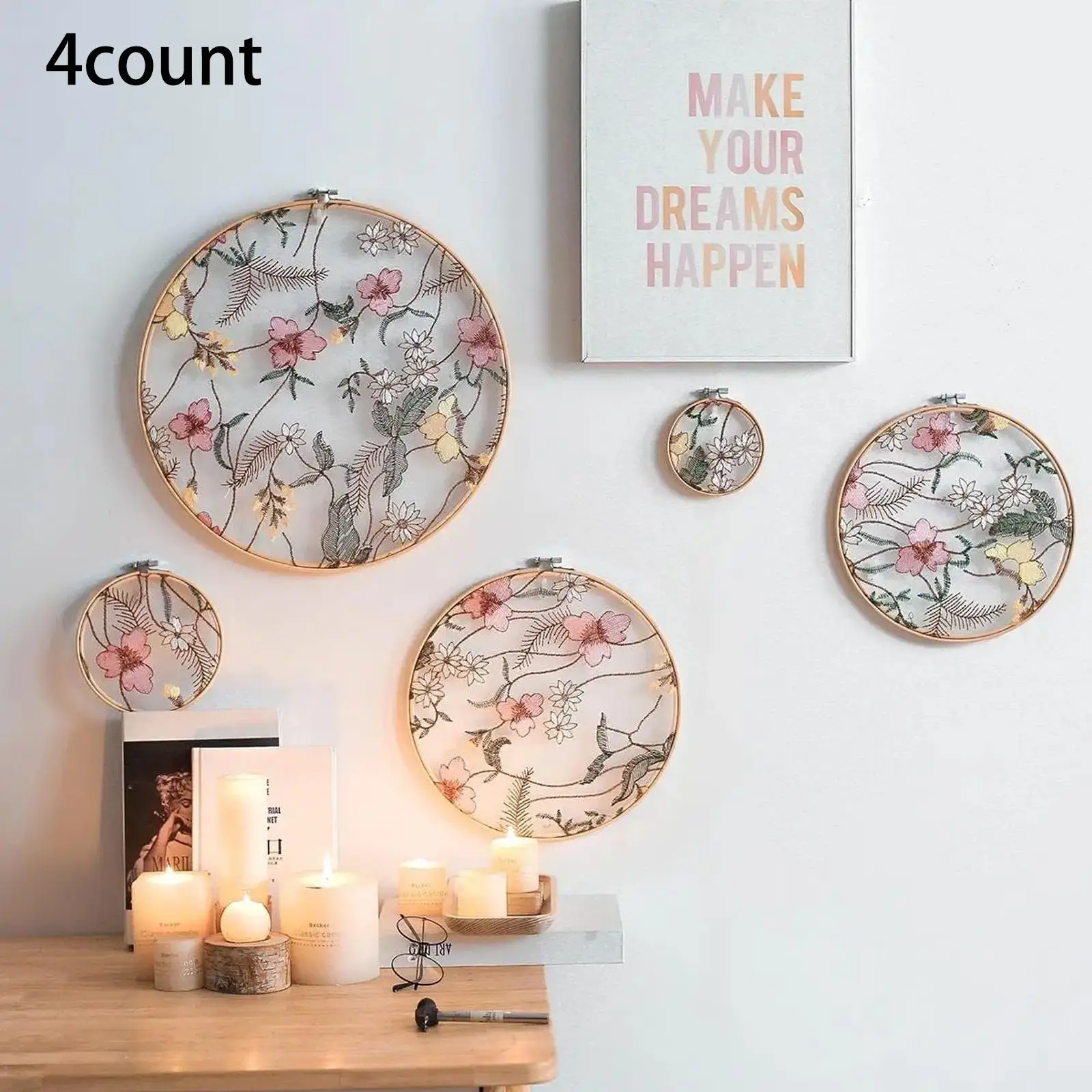 4pcs/set Wooden Embroidery Round Wall Decor, Flower Pattern Hanging Decor For Home Living Room Bedroom