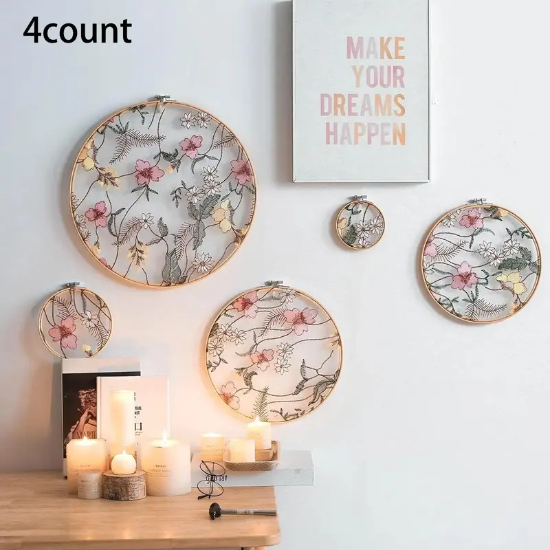 4pcs/set Wooden Embroidery Round Wall Decor, Flower Pattern Hanging Decor For Home Living Room Bedroom Wall Hanging Design