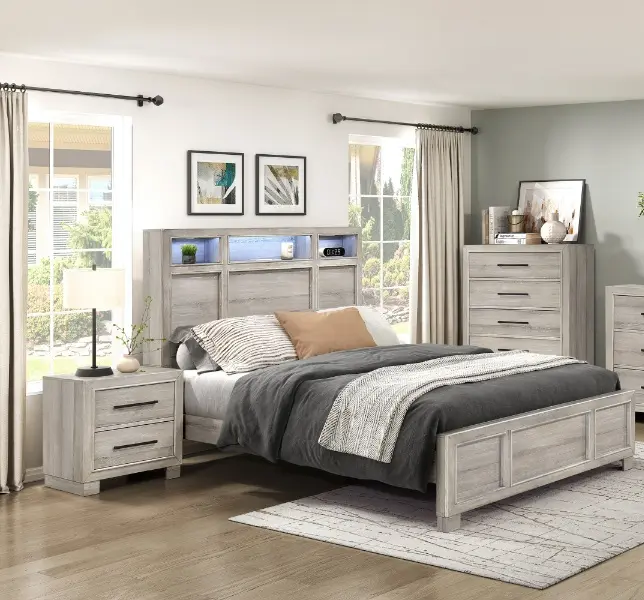 Homelegance Everett Modern Queen Bedroom Set Furniture (2332-4PC) - 4-Piece Light Driftwood Grey Wood Set with Storage Headboard, Dresser with Drawers, Nightstand, LED Lighting, Bluetooth Sound, USB Plugs, Assembly Required