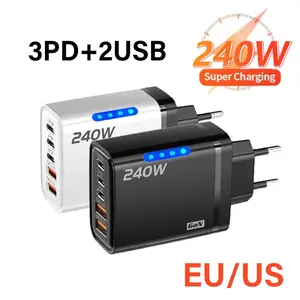 240W GaN 5 in 1 Fast Charging Phone  USB C  Power Adapter Type C EU/US Plug Wall  For iPhone Samsung Xiaomi sleek charger travel emergency bright flashlight port magnetic compatible set multifunction data cable glowing design Wireless Power Bank 10000mAh
