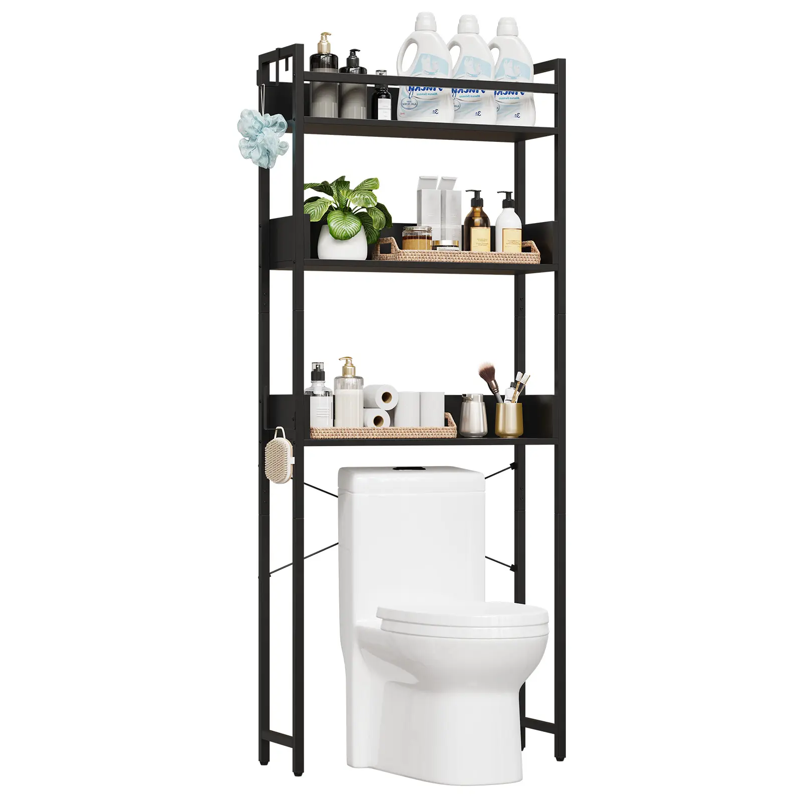 3 Tier Metal over Toilet Storage, Adjustale Feet Height Bathroom Shelf over Toilet with Hook, Laundry Shelf over Washing Machine, for Laundry Room Bathroom Balcony