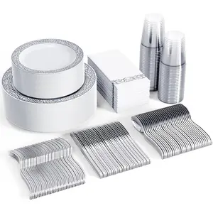 350 Ct  Dinnerware Set for 50 Guests,  Lace Plastic Plates Disposable Heavy Duty, Including 50 Dinner & Dessert Plates, Cups, Napkins, Cutlery Set