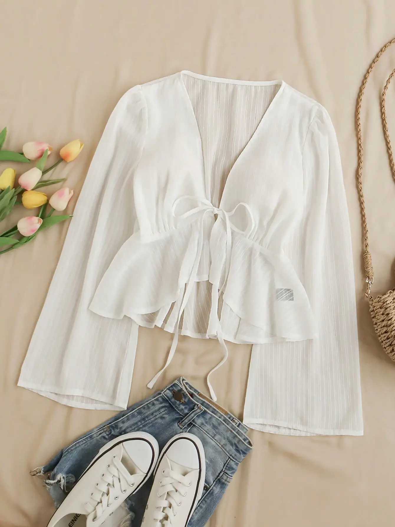VYNCE V-Neck Bell Sleeve Tie Ruffle Hem Blouse Flowy Summer Top For Women Bohemian Casual Beach Vacation Outfit