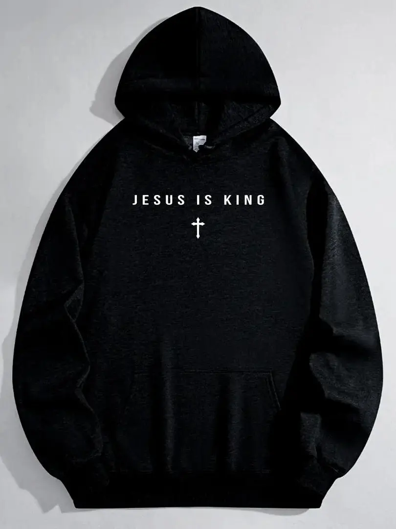 Men's Jesus Is King Graphic Hoodie, Casual Cotton Blend Streetwear Pullover, Soft Long Sleeve for Everyday Devotion, Wear Your Belief, Graphic Hoodies, Christian Style, Crew Neck, Minimally Styled, Regular Fit, Breathable, Cross Graphic