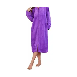 Women Plush Zipper Robe, Long Fleece House Coat Nightgown with Pockets Solid Bathrobe