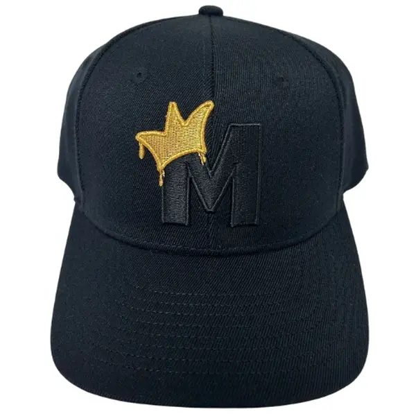 OVER SHADOW Stretch-Fit Ball Cap with Mad King Logo Acrylic Wool Spandex Blend Structured Six-Panel Design Gold Crown Embroidery