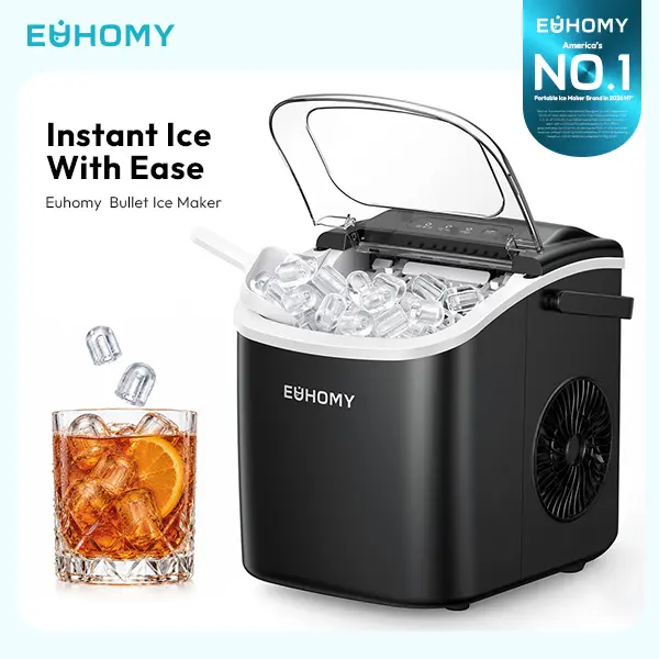 EUHOMY Ice Maker Countertop with Handle, 26lbs in 24Hrs, 9 Ice Cubes Ready in 6 Mins, Auto-Cleaning Portable Ice Maker with Basket and Scoop, for Home/Kitchen/Camping/RV.