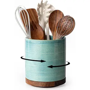 Utensil Holder, 360° Rotating Extra Large Ceramic Kitchen Utensil Holder for Countertop, Cooking Utensil Crocks for Counter with Rotatable Wooden Base, Farmhouse Kitchen Decor, Green