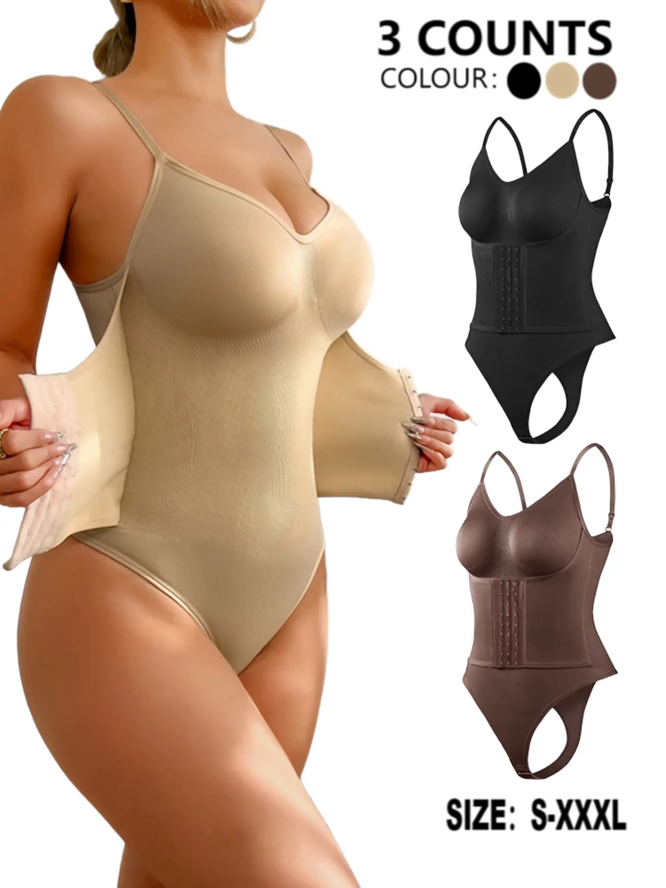 Women's Basic Solid Color V Neck Spaghetti Strap Body Shaping Underwear Shapewear Bodysuit, Smooth High Stretch Adjustable Hook & Eye Closure Crotch Tummy Control Shaper, Ladies Shapewear for Daily Wear