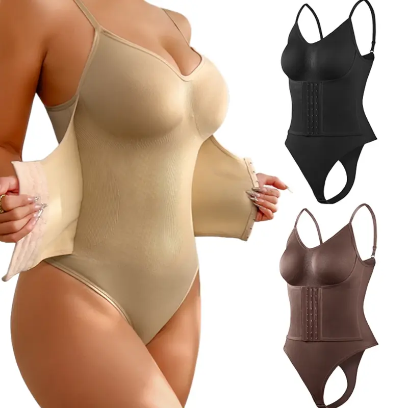 Women's Basic Solid Color V Neck Spaghetti Strap Body Shaping Underwear Shapewear Clothes Bodysuit, Smooth High Stretch Adjustable Hook & Eye Closure Crotch Tummy Control Shaper, Ladies Shapewear for Daily Wear