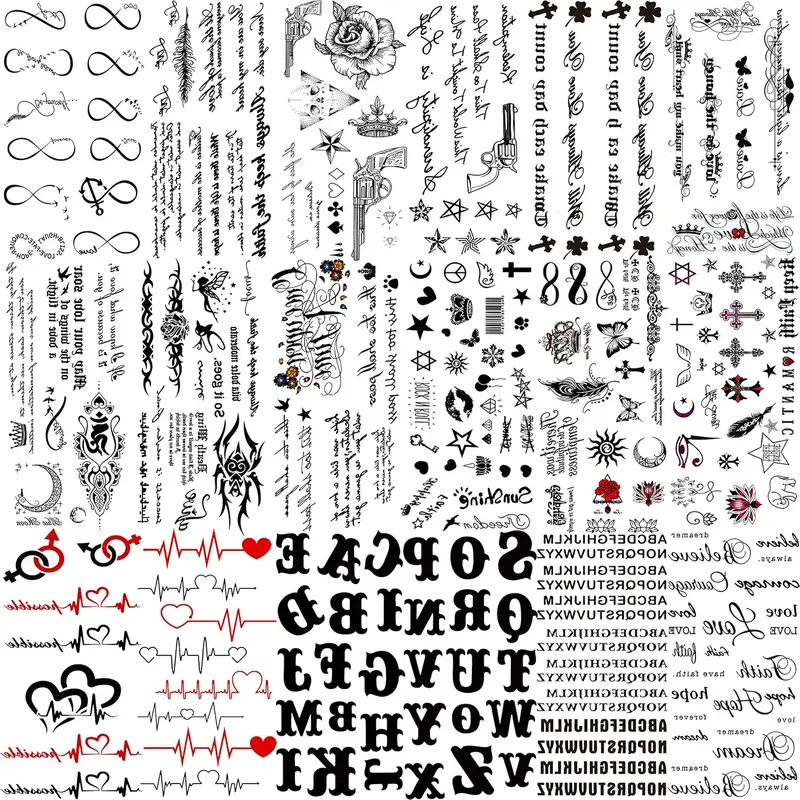 18 Sheets Black Inspired Quotes Temporary Tattoos For Women Kids Children Long Lasting Letter Alphabet Words Fake Tattoo Stickers Birds Cross ECG...