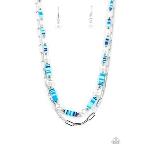 Tidal Trendsetter - Blue Disc White Pearl Silver Paperclip Chain Layered Necklace - Paparazzi
