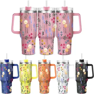 Floral Pattern Tumbler with Lid, 40oz Stainless Steel Water Bottle, Drinking Cup for Home Office School, Gift for Dad Son Women Mom Sisters Teacher Coworker Friend Brother, Drinkware
