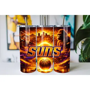 Desert Sunset Basketball Tumbler 20oz 30oz – Gorilla Power Skyline Sports Art Skinny Insulated Stainless Steel Cup with Lid, Bold Hoops Fan Gift Drinkware