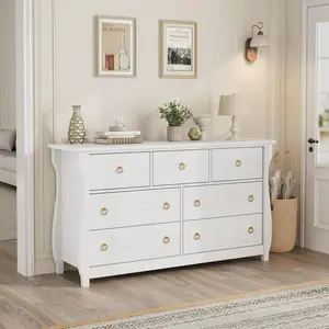 Modern 7 Drawer Wooden Dresser with Curved Legs & Rattan Accents, Sturdy Wide TV Stand, Large Capacity Freestanding Storage Cabinet for Bedroom Living Room Entryway Balcony
