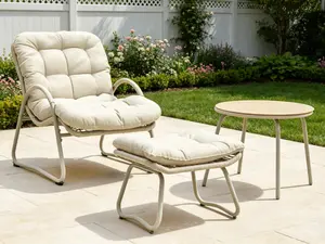 OPUL 3-Piece Off-White Woven Rope Patio, Lounge chair with ottoman and small table, Comfy Reading Chair Set, Ergonomic Lounge Chair, All-Weather Seating for Office, Outdoor Pool, Beach, Backyard, Garden, Patio - Beige