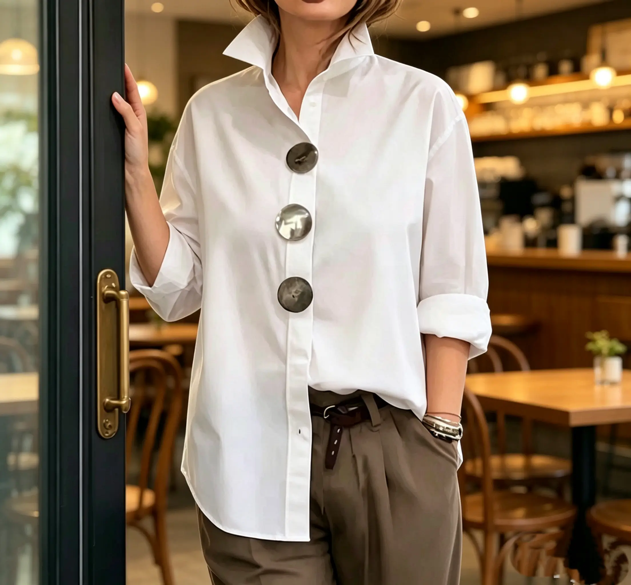 Women's Oversized White Button-Down Shirt - Stand Collar Longsleeves Blouse with Big Decor Buttons, Minimalist Loose Top Suit for Office Work, Elegant Business Casual Outfits with Pants Compatibility, Soft, Style, All Seasons, Collared Neck, Loose Cut