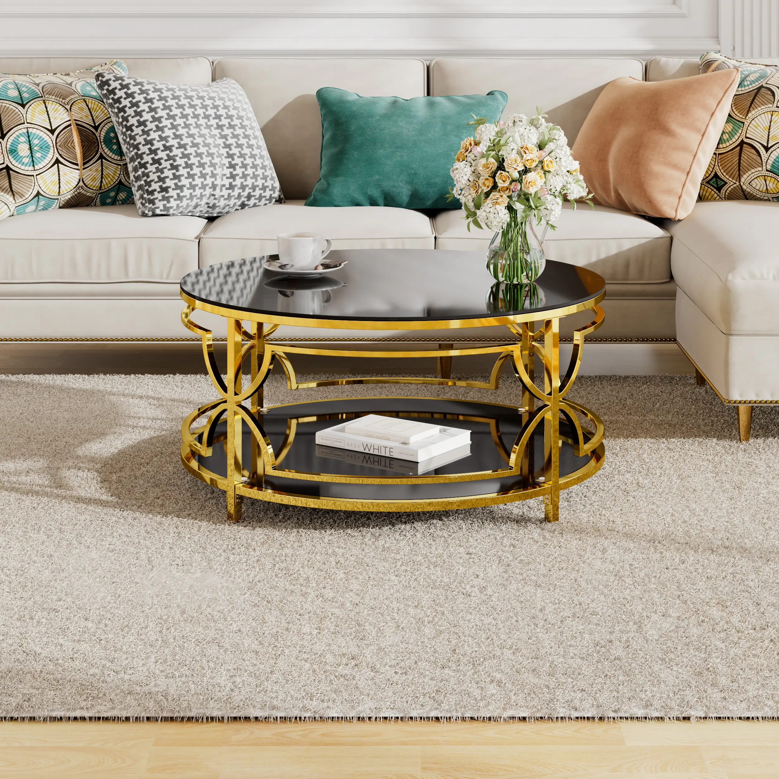 30.7" Round Tempered Glass Coffee Table with Geometric Metal Frame & Lower Shelf, Modern Gold Finish Center Table for Living Room, Open Design Minimalist Cocktail Table for Small Spaces