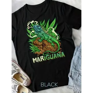 Men'S Retro Iguana Smoking T-Shirt - Features an Iguana Graphic with Leaf And Joint Design, Comfortable Crew Neck Regular Fit for Summer Festivals And Casual Outings, Machine Washable Unisex Shirt