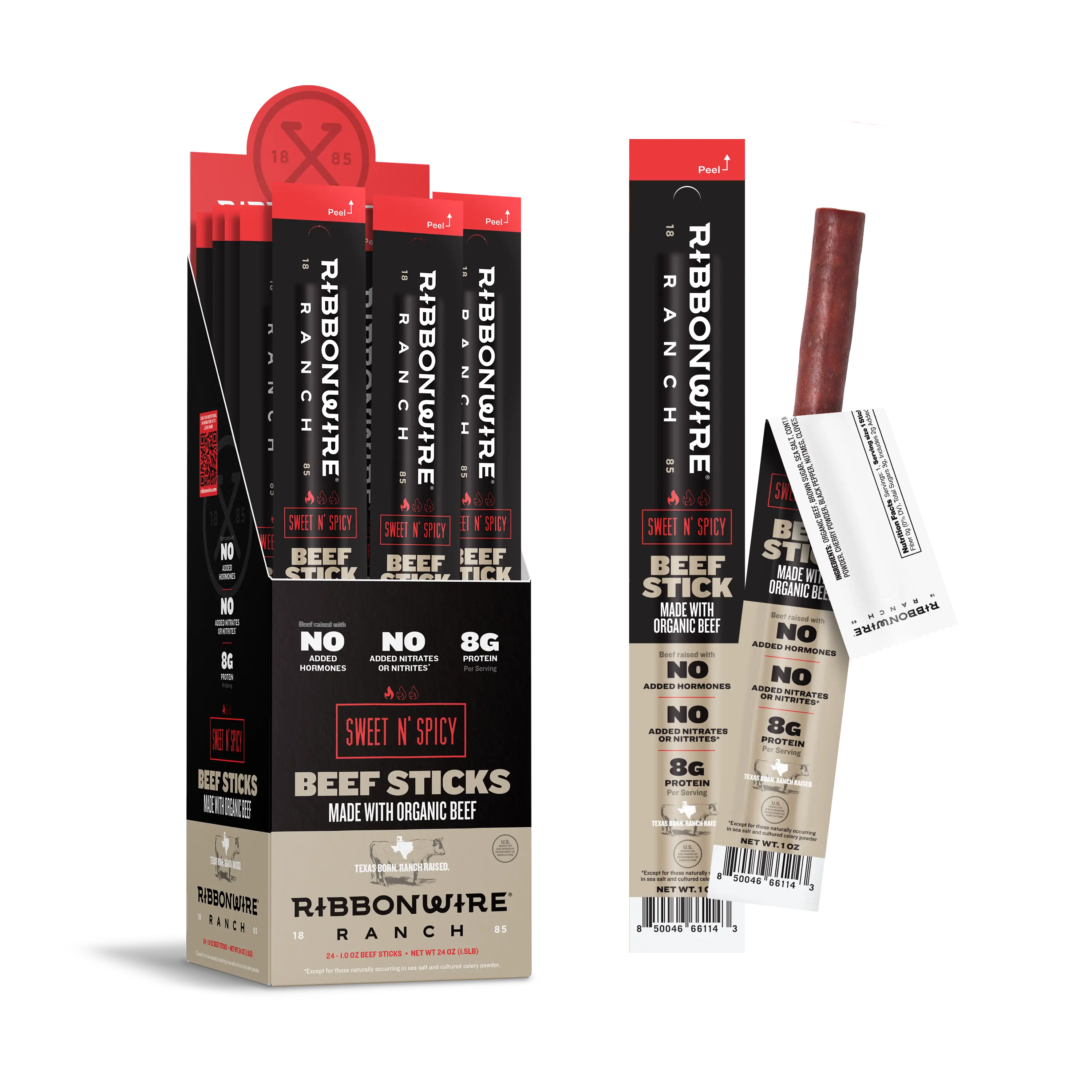 Ribbonwire Ranch Organic Beef Sticks - Sweet n Spicy, 24 Pack, 1oz Sticks - Natural, Snack