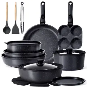 Large Size 21 Piece Ceramic Pots and Pans Set Non Stick,with 12 inch Frying Pan,Cookware Set with Detachable Handles, Safe for Ovens and Dishwashers,Induction Cookers RV Kitchen