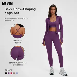 Women's Solid Criss Cross Crop Tank Top & High Waist Leggings & Zip Up Crop Jacket Set by MFVIM - Breathable Activewear, Comfortable Outfits for Yoga, Gym, Workouts, and Running