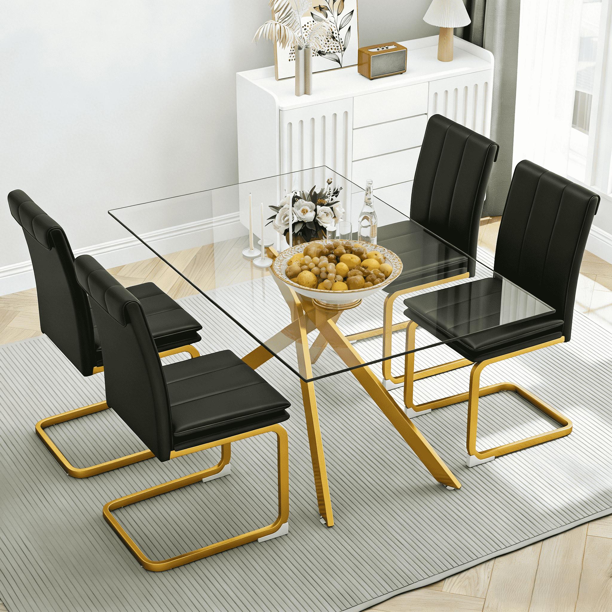 51.18 "Rectangular Glass Dining Table with Clear Tempered Glass, Golden Plated Tubular Metal Legs with Adjustable Leveling Feets, Kitchen Table for Dining Room,Dinner Table（ONLY TABLE）