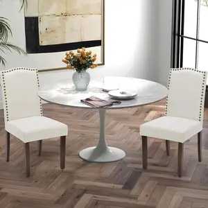 Dining Chairs Set of 2 Beige Fabric Upholstered Parsons Chairs with Nailhead Trim & Rubber Wood Legs for Kitchen Living Room Bedroom Home Goods