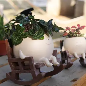 Smily Face Planter Pot Cute Resin Flower Head Planters for Indoor Outdoor Unique Sit Rocking Chair Succulent Pots Gift IdeaI for Mother and Appreciation Christmas with Drainage Hole