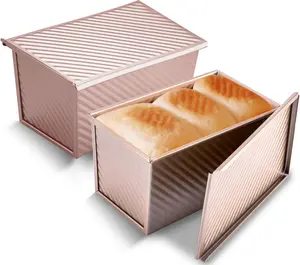 Pullman Loaf Pan with Lid – 2 Pack, 1 lb Dough Capacity, Non-Stick Carbon Steel Corrugated Bread Mold with Cover, Gold