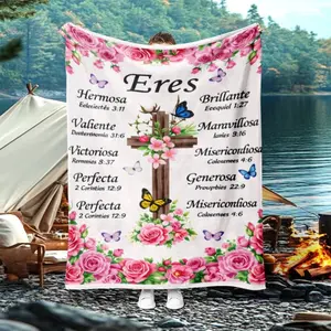 Multifunctional Flannel Throw Blanket, Multiple Specifications Available, Single - Sided Printed with Spanish Phrases & Bible Verses, Floral & Butterfly Motifs, Ideal for Valentine's Day, Mother's Day, Father's Day, Birthdays, Graduations, as a Gift