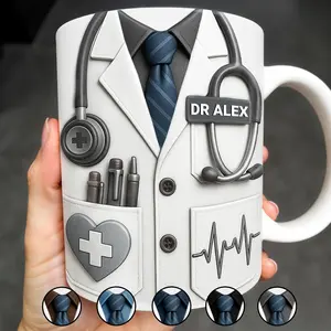 Personalized Doctor Lab Coat Coffee Mug, Custom Name Dr. Alex Medical Gift, 3D Effect Stethoscope EKG Heartbeat Cup, MD Residency Graduation Present