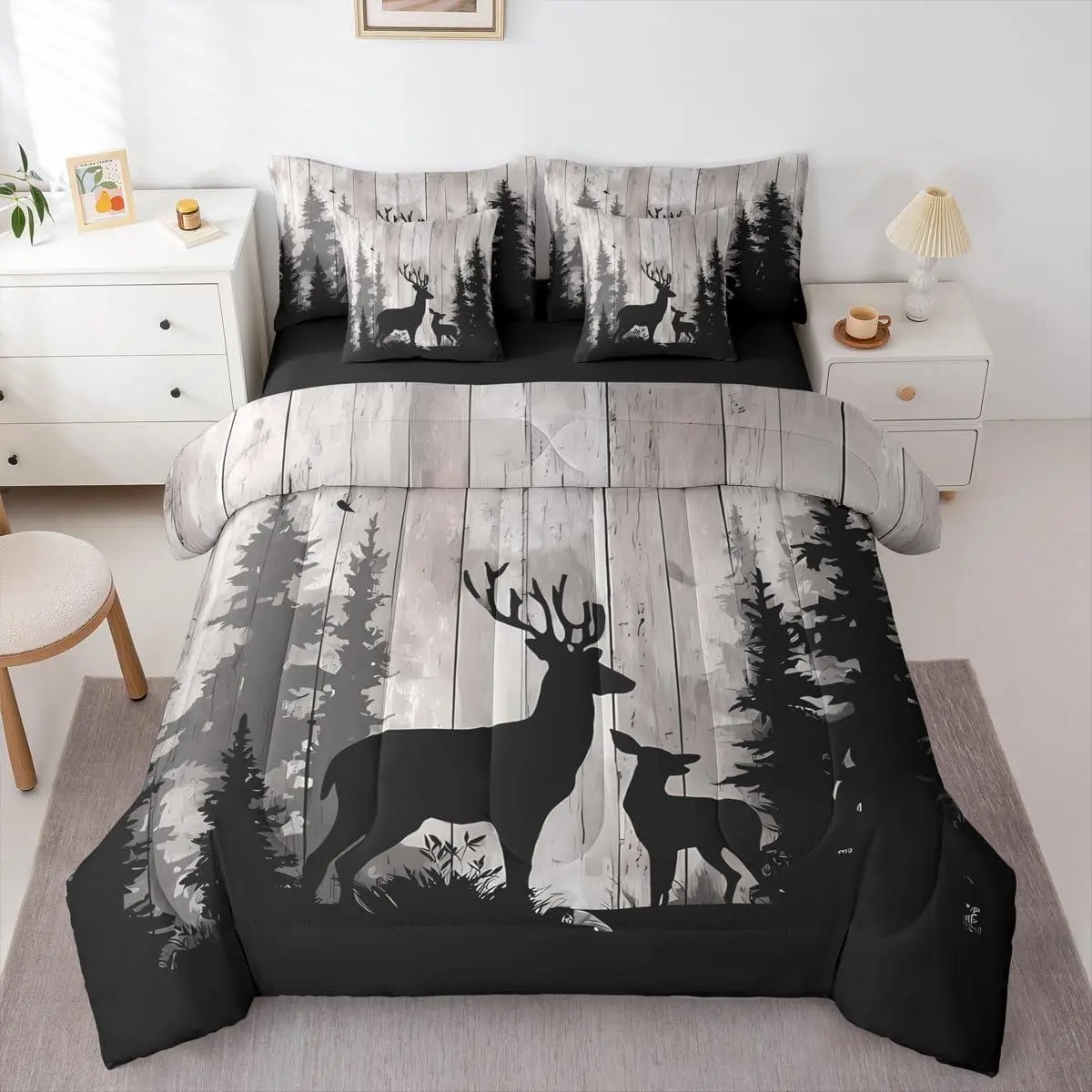 Deer Family Bedding Set Retro Wooden Farmhouse Comforter Set 7 Piece Hunting Rustic Animal Bed in A Bag Men Western Forest Wildlife Hunting Quilt with Flat Fitted Sheet