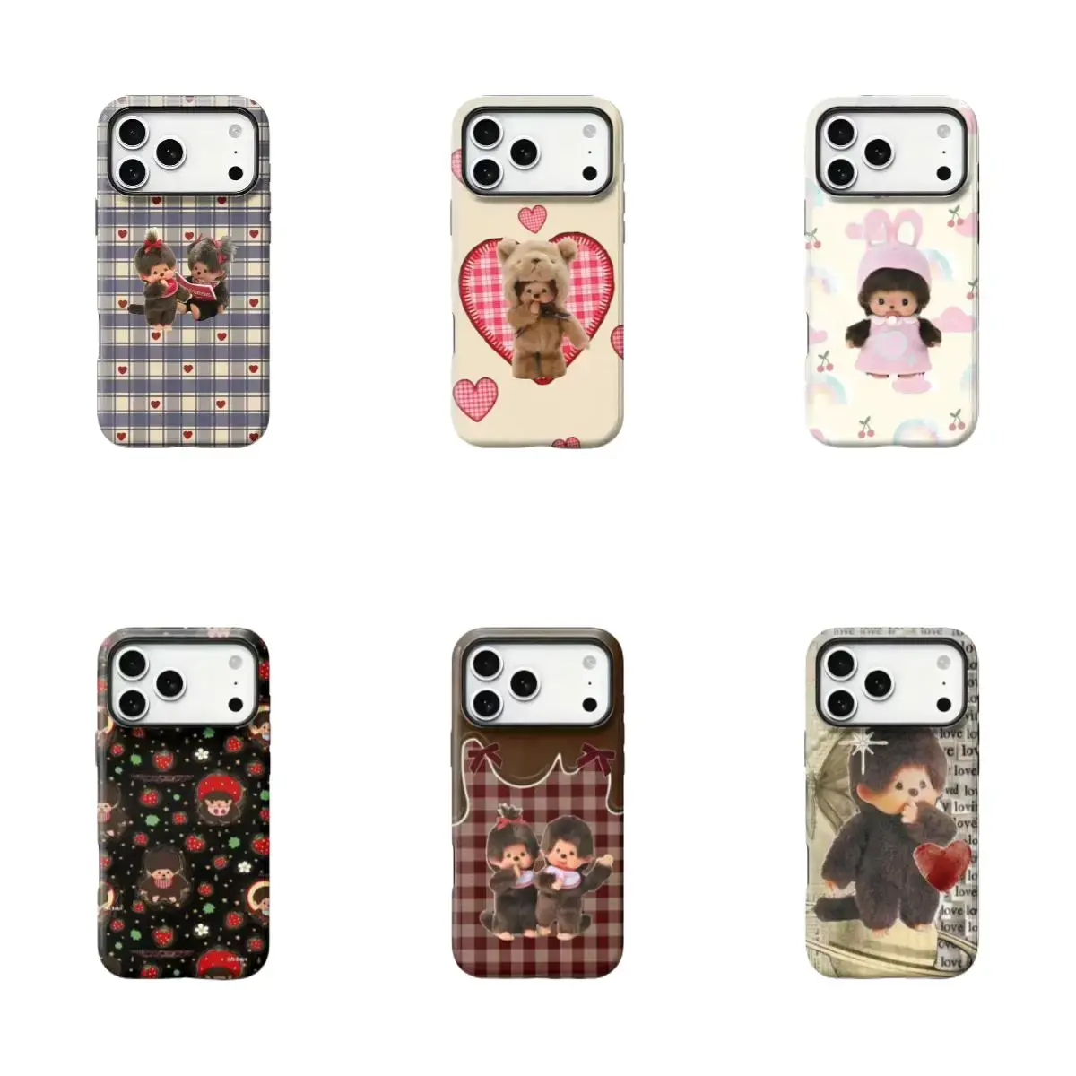 Japanese Cartoon Monchhichi Magnetic Glossy Vintage Plaid Cute Phone Case - Shockproof Cover for iPhone 11,12,13,14,15,16,17 Pro Max Plus - Accessories for Smartphone, Handheld, Cellphone Devices - Gift for Anime Fans