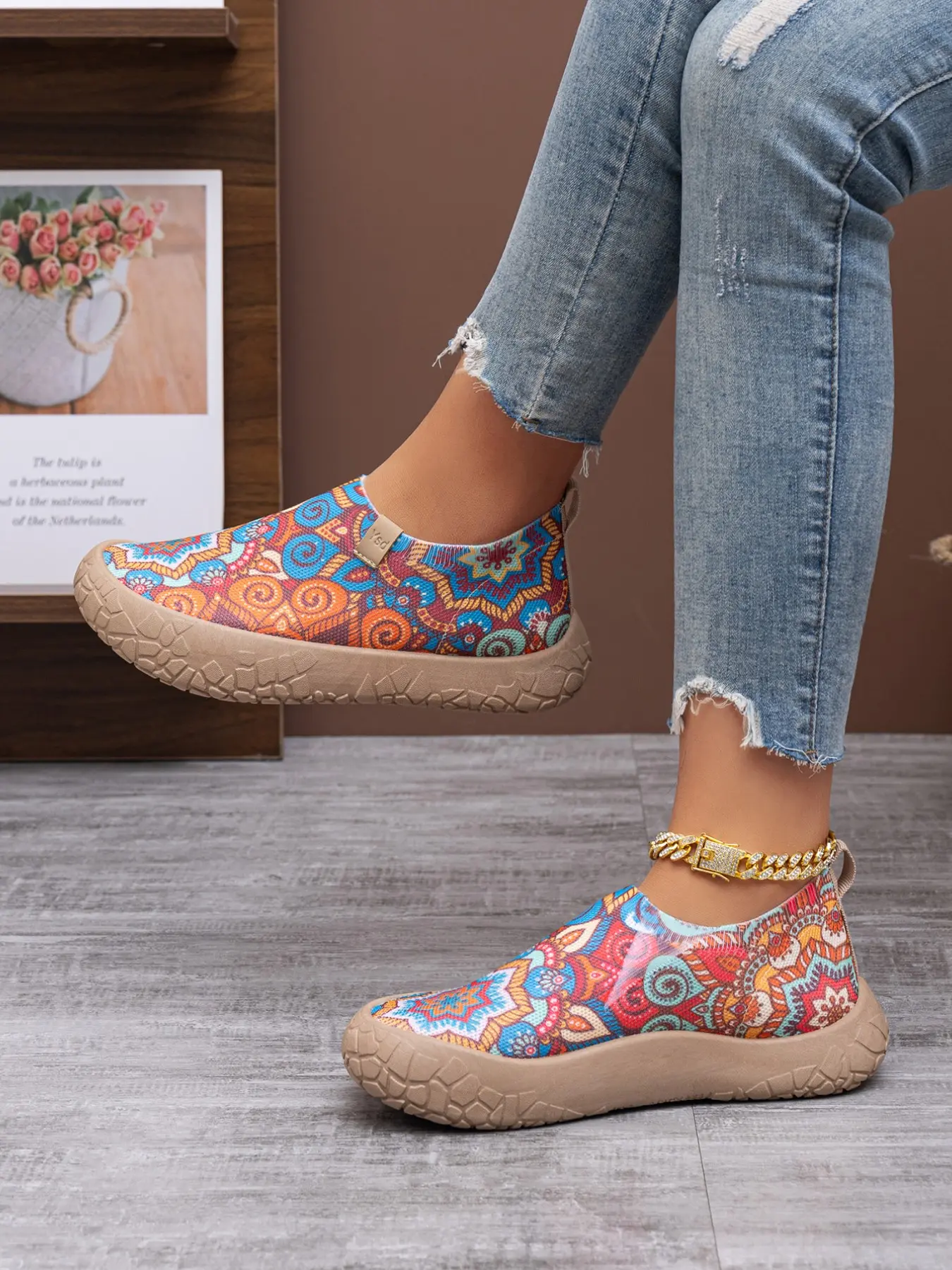 Women's New Fashion Colorful Ethnic Style Slip-On Low-Top Loafers, Comfortable Thick Sole Casual Sports Shoes, Walking Shoes, Casual Trendy Shoes, Versatile and Stylish, Casual Indoor Footwear, Footwear, Slip Ins Shoes