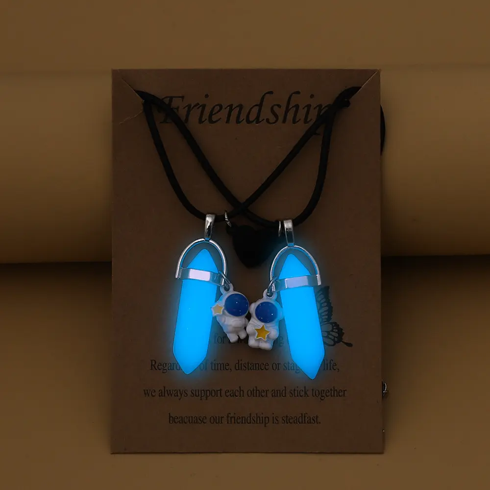 Luminous Hexagonal Column Pendant Astronaut Heart Magnetic Clasp Leather Cord Star Catching Star Holding Couple Good Friends Necklace