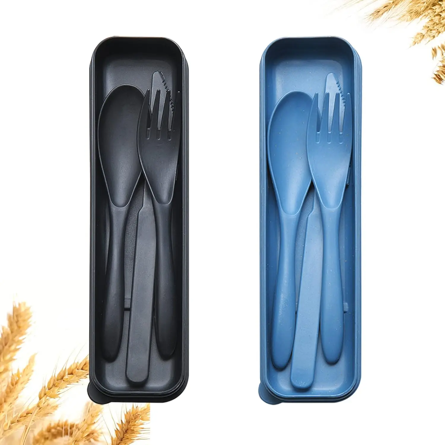 2 Sets Starch Wheat Straw Reusable Travel Utensils Set with Case - Black, Dark Blue, BPA-Free Eco-Friendly Cutlery (6.2x1 Inch Forks, 7.3x0.8 Inch Spoons & Knives) for Travel, Camping Lunch Tableware